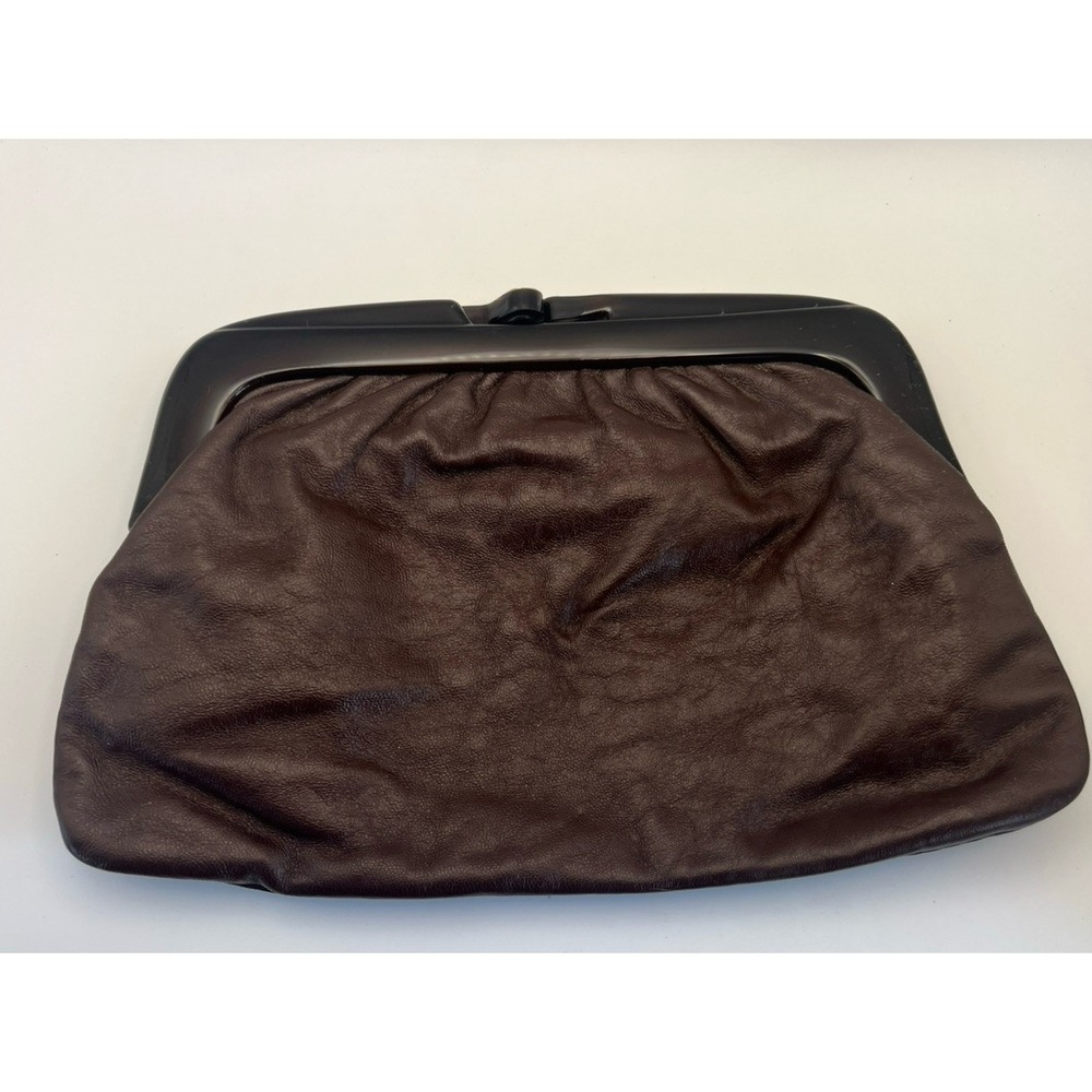 Vtg Brown Leather Clutch Purse Made In Italy Plastic Clasp